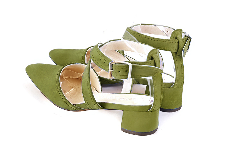 Pistachio green women's open back shoes, with crossed straps. Tapered toe. Low flare heels. Rear view - Florence KOOIJMAN